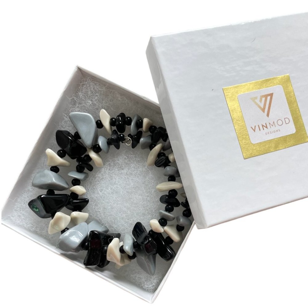 Vintage Faux Black & Gray Beads Upcycled - VINMOD Designs Wire Bracelet